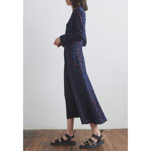 NWT Thakoon Silk Long Sleeve Floral Shirt Dress, Size 4, Color Navy Print - Picture 2 of 13